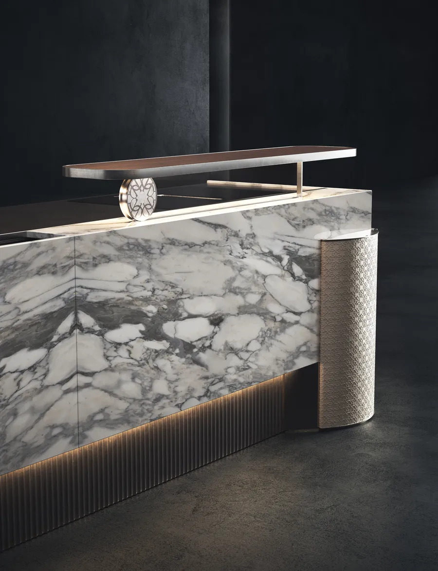 Calacatta marble island front on a grooved plinth
