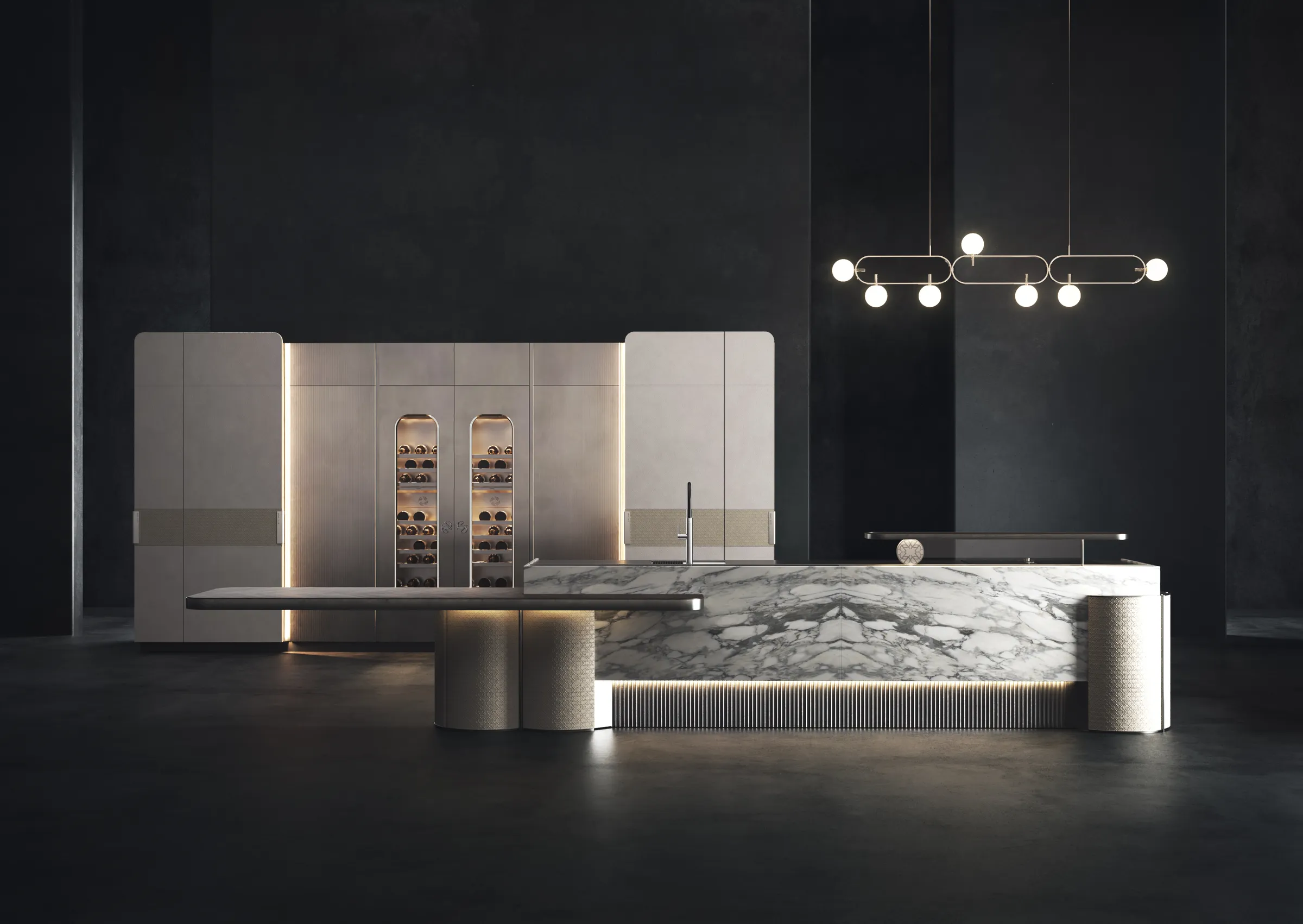 ELIE SAAB Maison kitchen with Calacatta marble island in a dark room