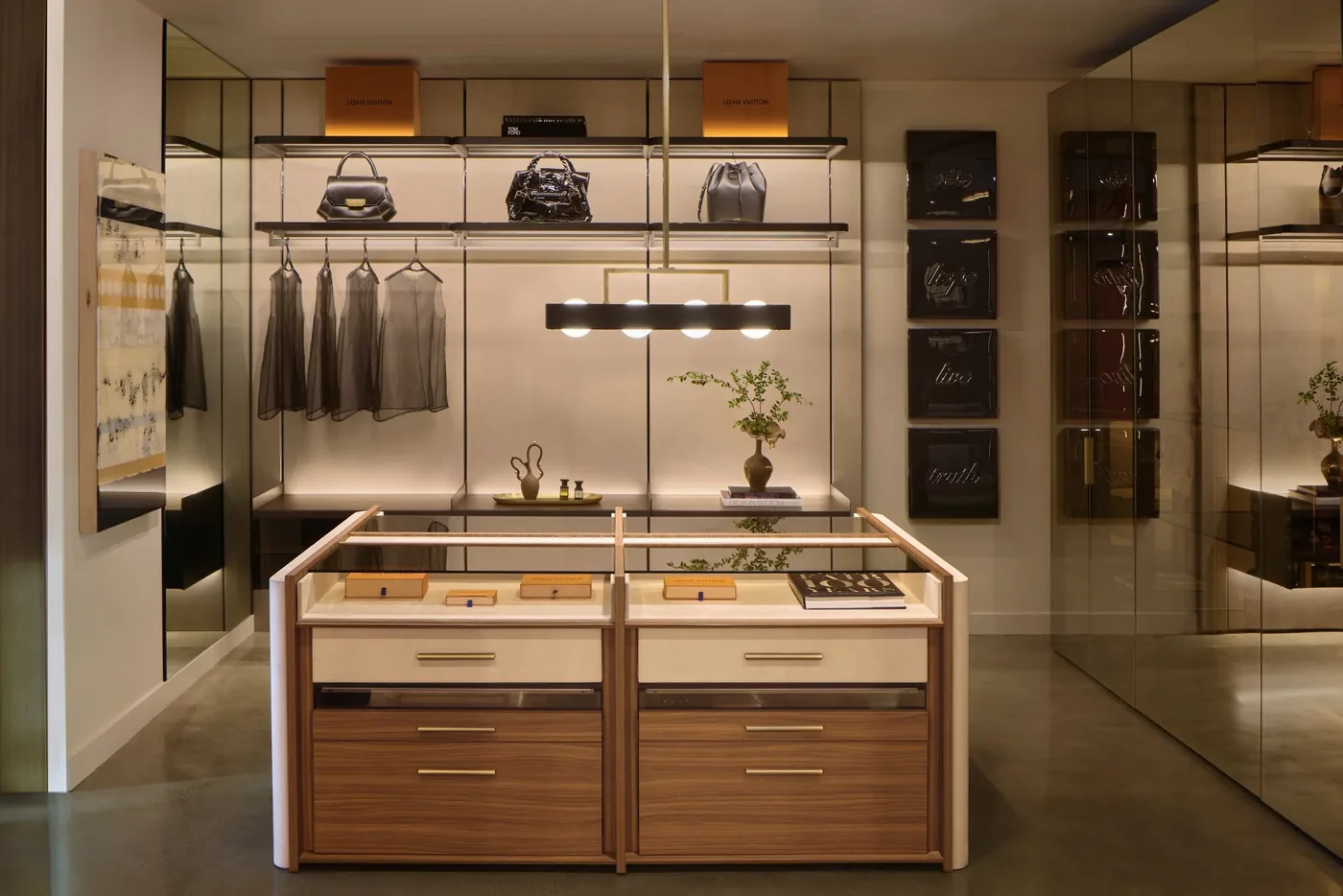 Open wardrobe with electrified rail shelving and illuminated glass shelves, SCIC Night Collection