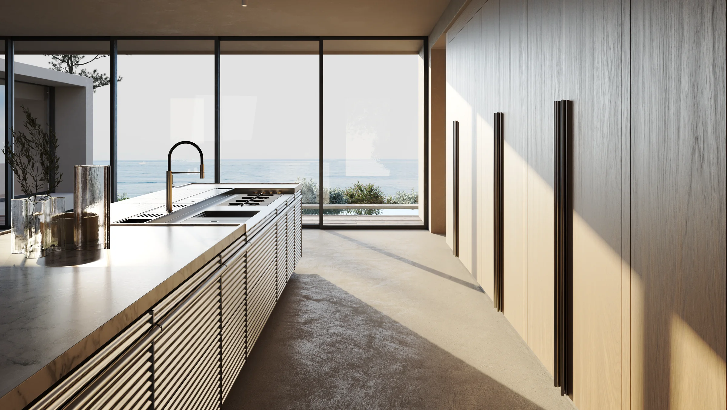 Schiffini kitchen facing the sea through floor-to-ceiling glass