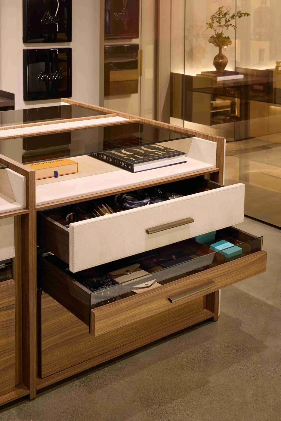 Drawer interior detail with leather-lined trays