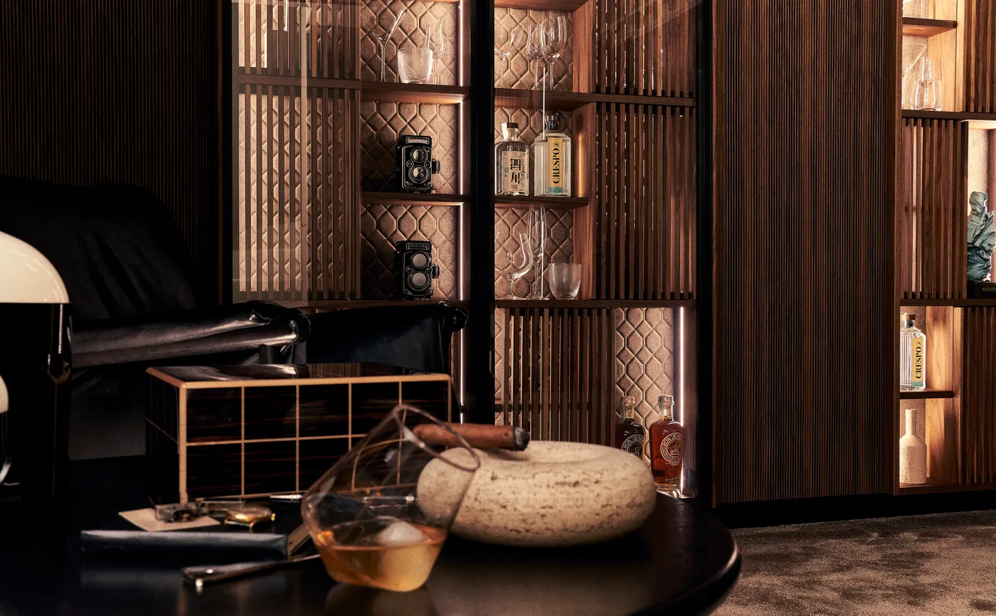 Lit Swing display modules with quilted back panels, bottles and cameras