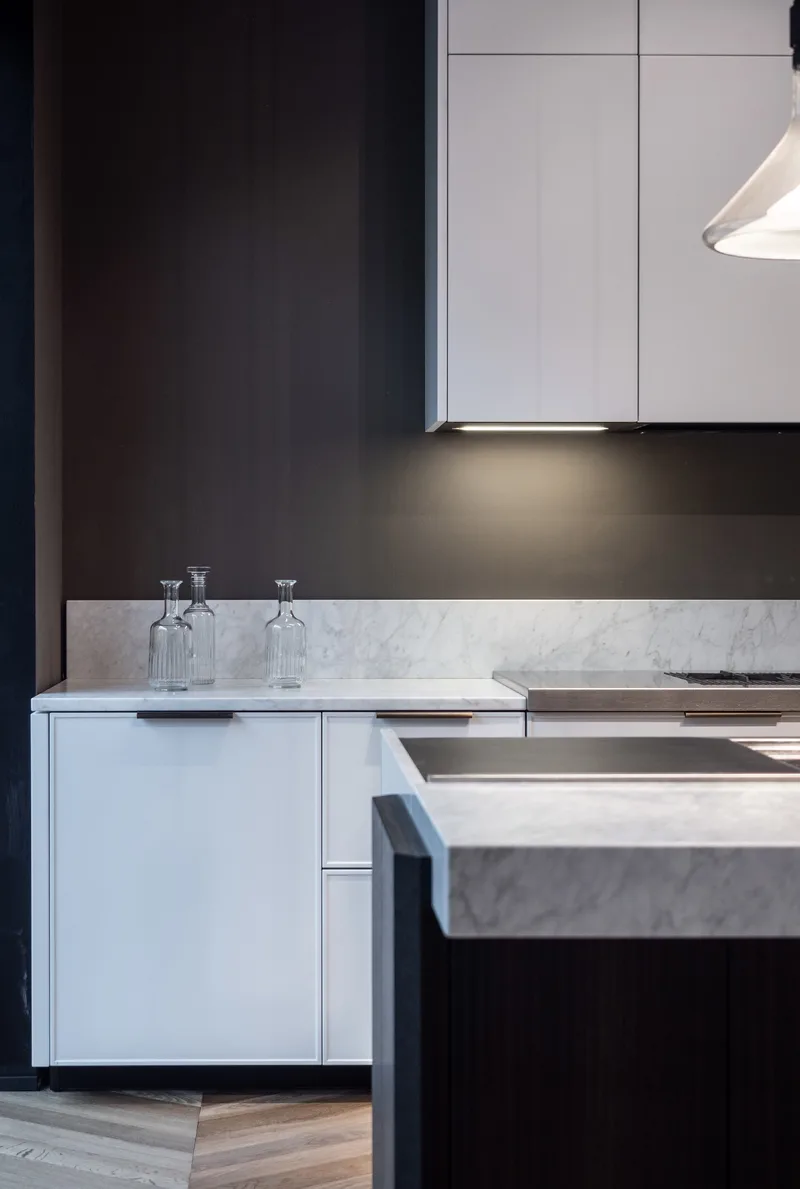 California, white cabinetry and stone